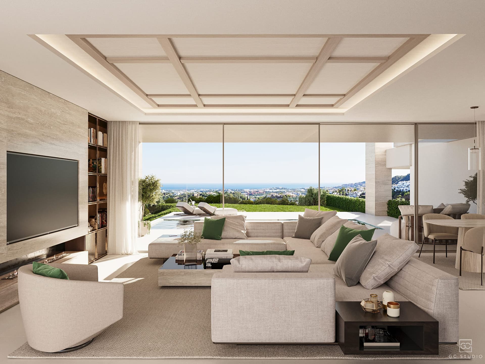 Open-plan living room of an Altura residence, with floor-to-ceiling windows