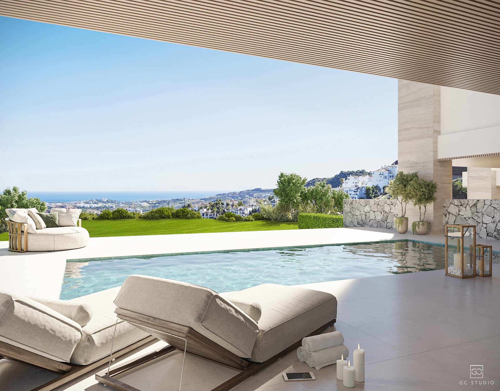 Pool terrace in La Quinta looking out over the coast to the Mediterranean