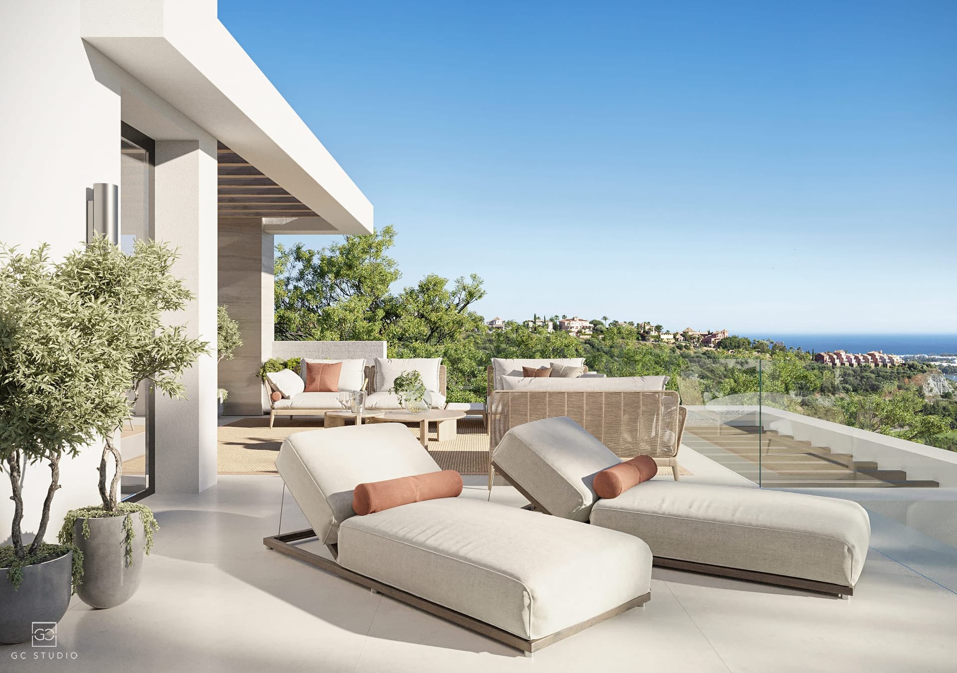 Rooftop solarium of an Altura residence looking out over the green hills